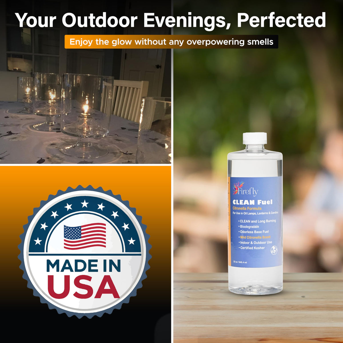 Indoor living room glow from Firefly lamp oil with a near odorless flame.
