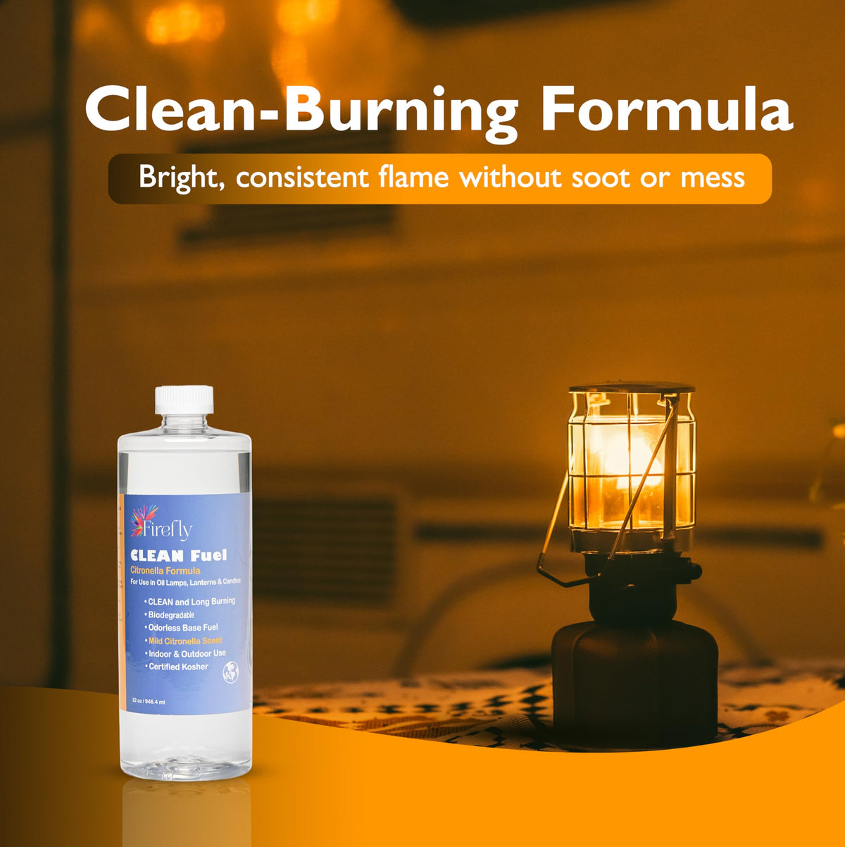 Firefly Citronella Lamp Oil 32oz bottle illuminating an outdoor lantern setup at dusk.