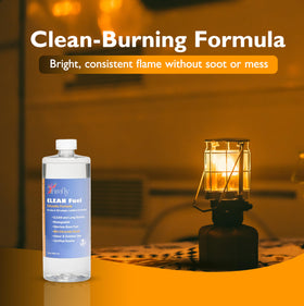 Firefly Citronella Lamp Oil 32oz bottle illuminating an outdoor lantern setup at dusk.