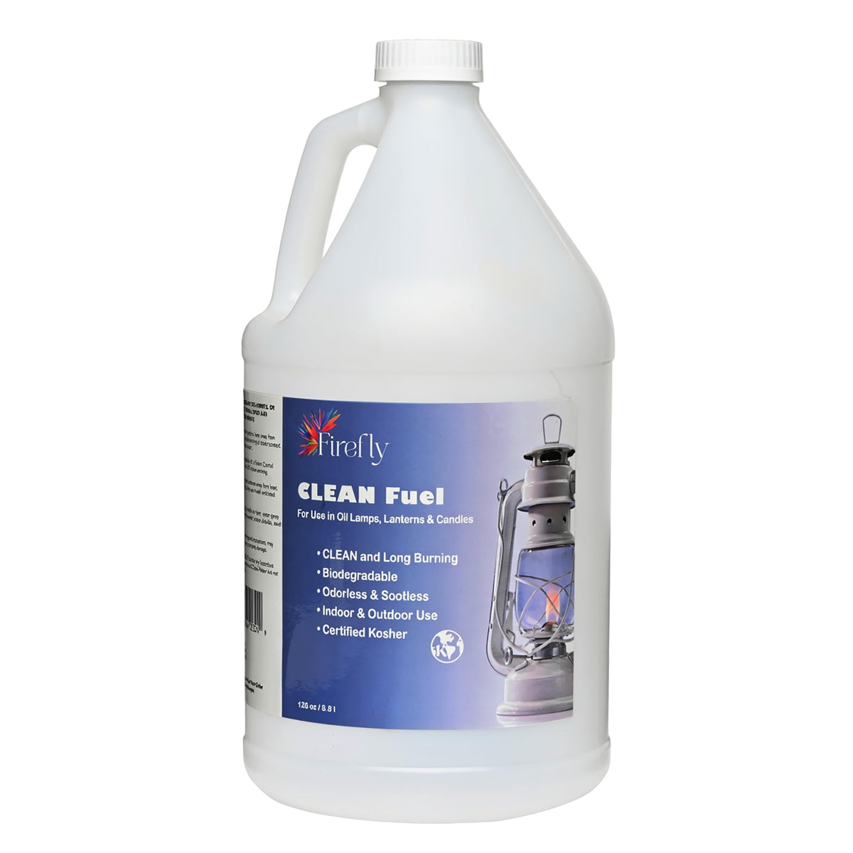 Firefly Fuel Clean Lamp Oil bottle provides a clean, smokeless indoor flame.