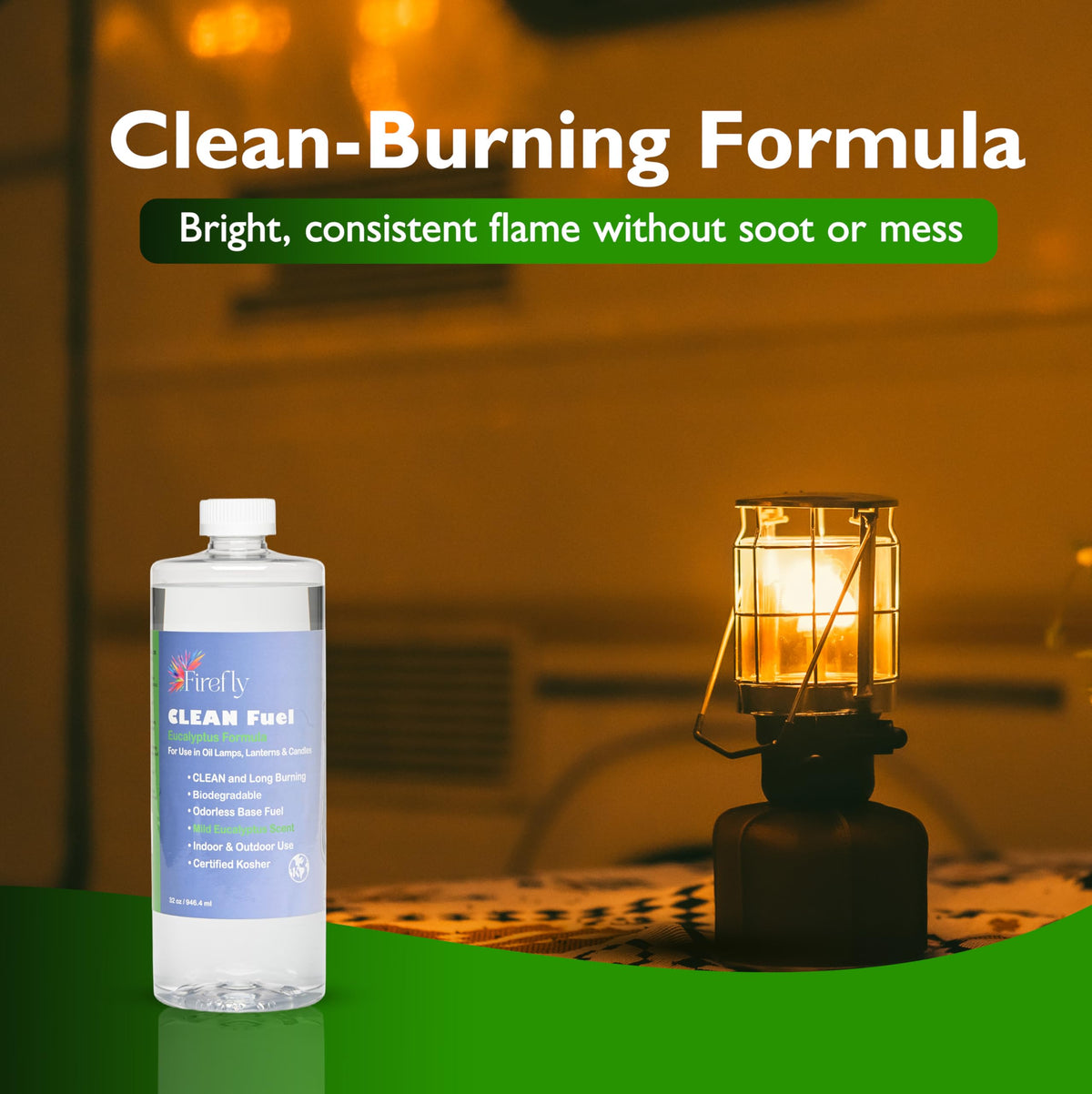 Firefly Fuel Clean Lamp Oil virtually odorless flame for quiet evenings.