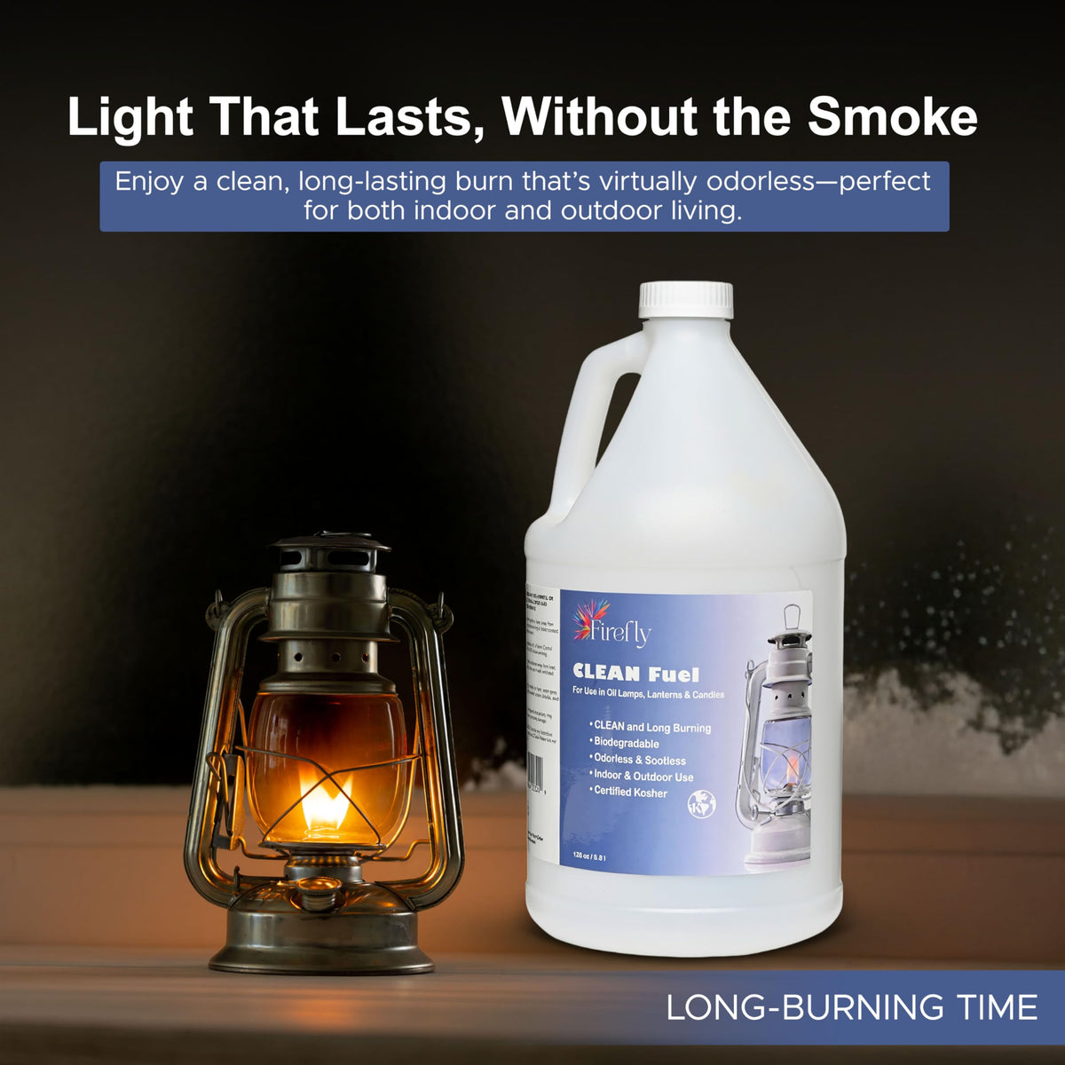 Pouring Firefly Fuel Clean Lamp Oil for a low odor, smooth burn.