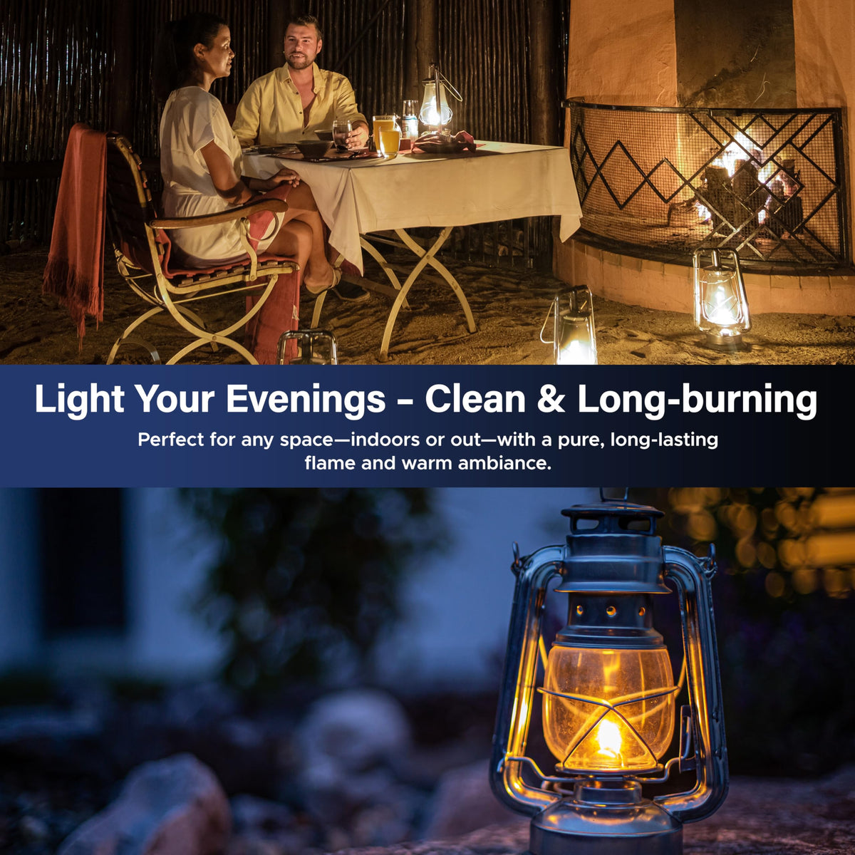 Outdoor tiki torch setup with Firefly Fuel Clean Lamp Oil for extended burn.