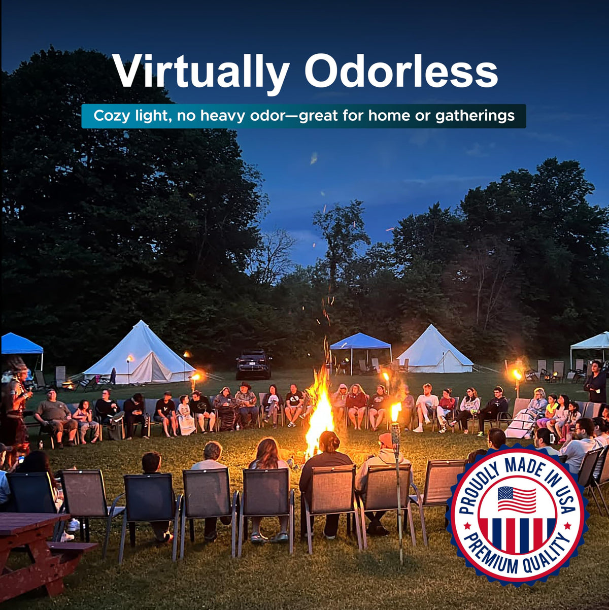 Firefly Fuel odorless lighting in a candle lantern for living rooms.