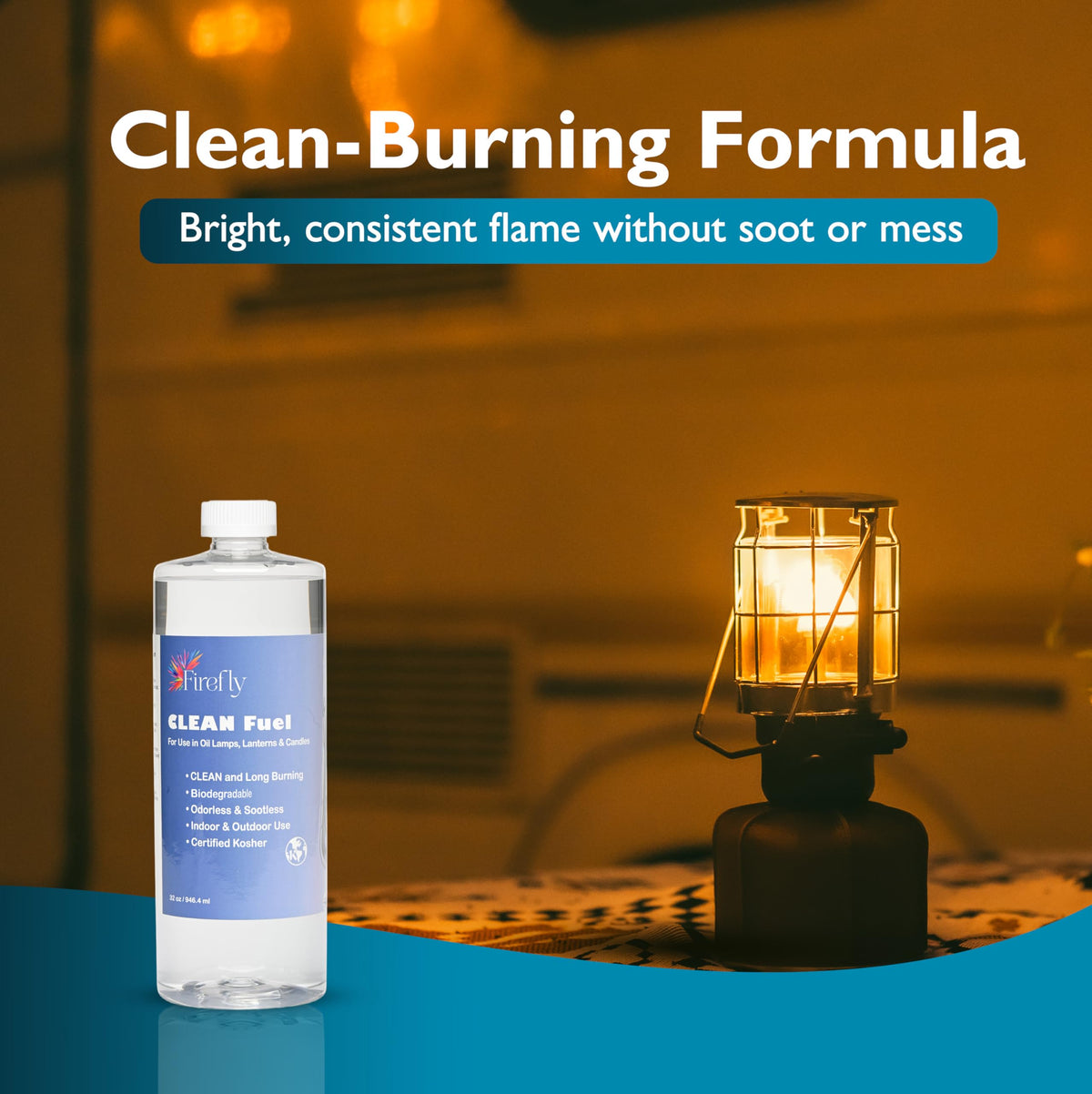 Firefly Fuel smokeless lamp oil shown in a clear lamp for odorless burn.