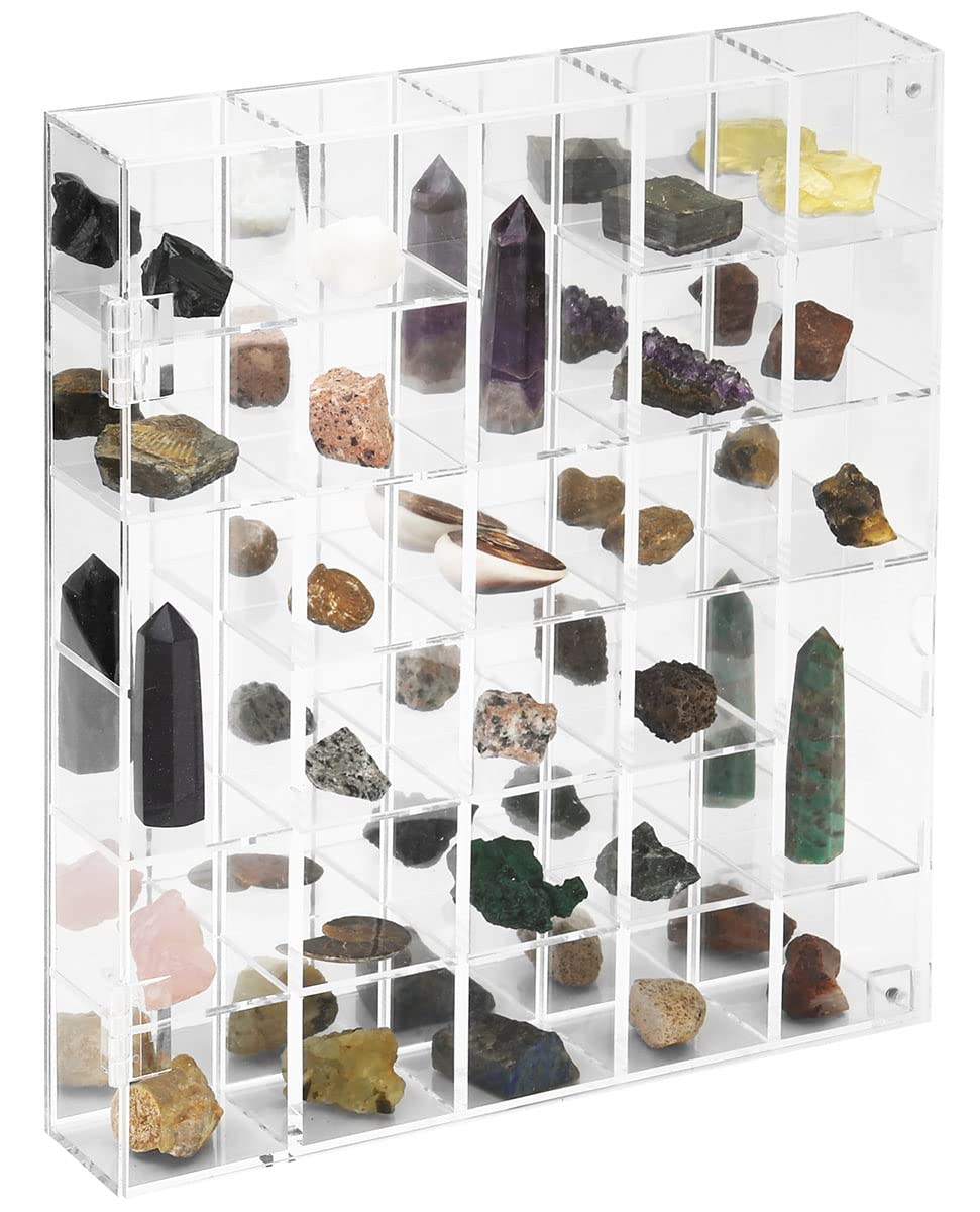 FireOrange adjustable rock display case front view highlighting clear acrylic clarity for crystal collections.