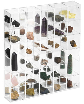 FireOrange adjustable rock display case front view highlighting clear acrylic clarity for crystal collections.