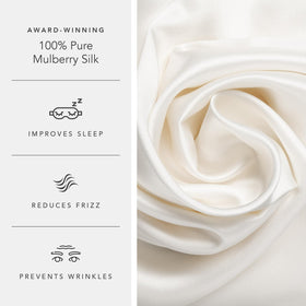 Fishers Finery silk pillowcase on white bedding highlights luxurious sheen and comfort.