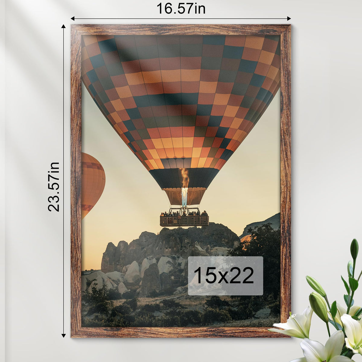 Fisnish 15x22 brown frame with pre-installed hardware for quick wall mounting.
