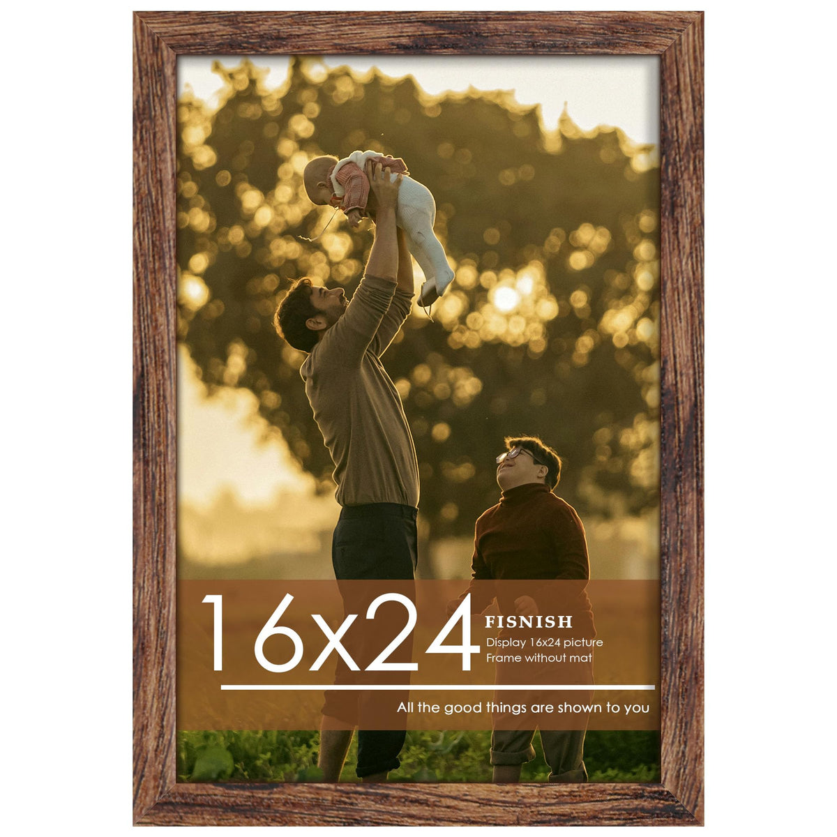 Fisnish 16x24 frame front view with classic brown finish for wall display