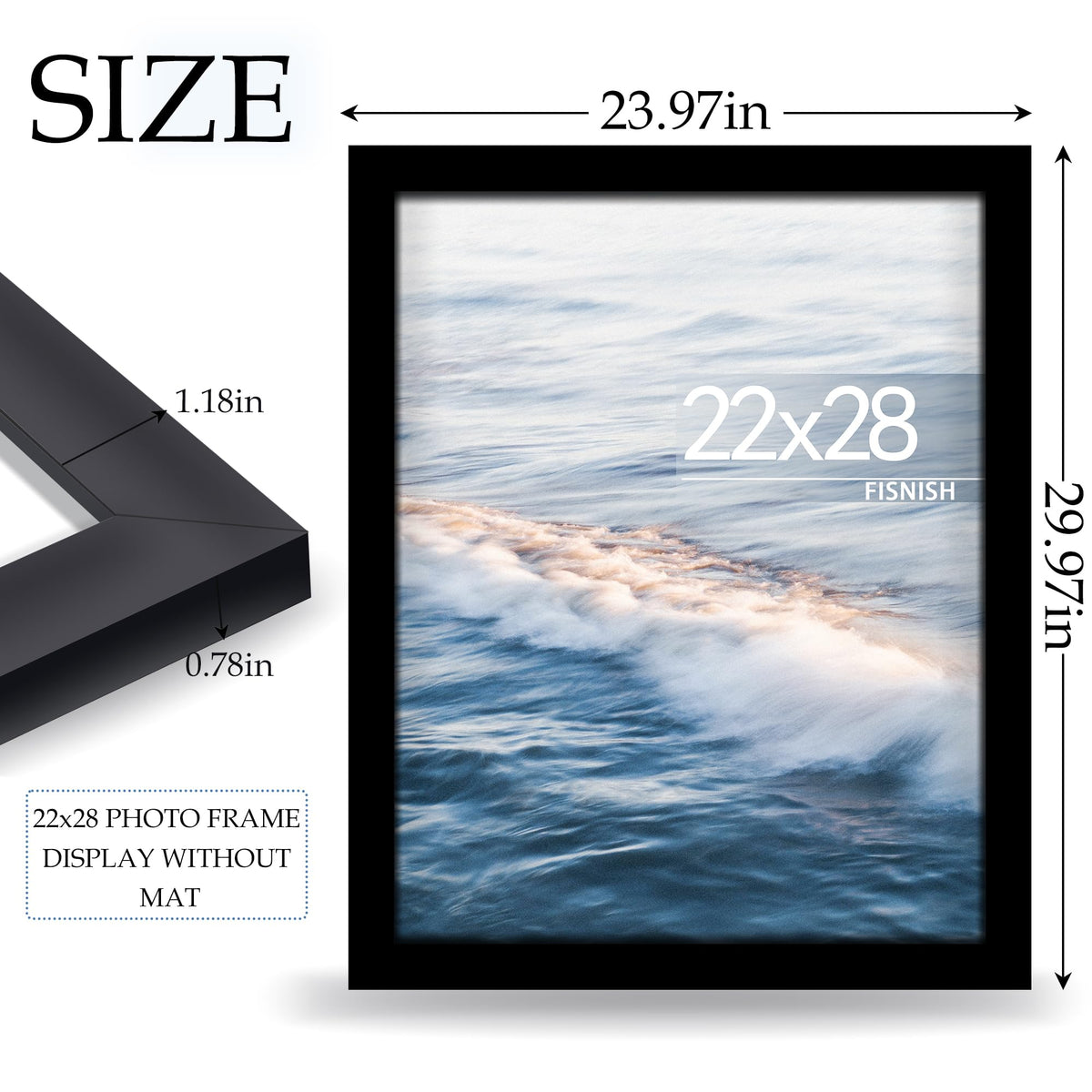Fisnish 22x28 black poster frame with hanging hardware for mounting