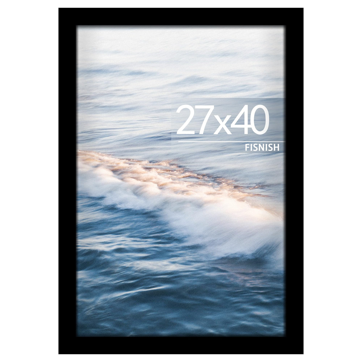 Fisnish 27x40 black poster frame, front view, sleek minimalist design for large posters.