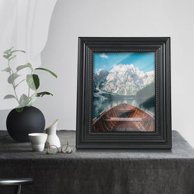 Fisnish 8x10 frame back view with rotatable hook for wall or desk mounting