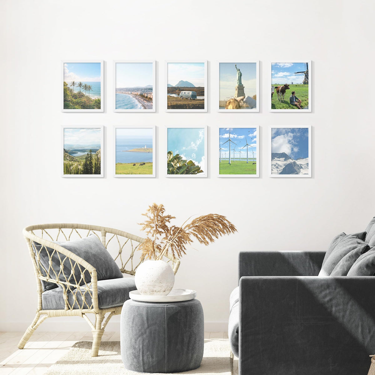 Fisnish 8x10 white frames mounted on a wall for decor