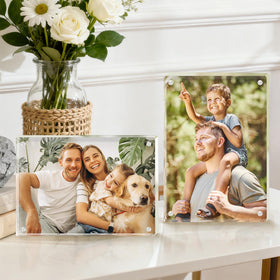 Fisnish acrylic frame with magnetic corners holds photos securely.