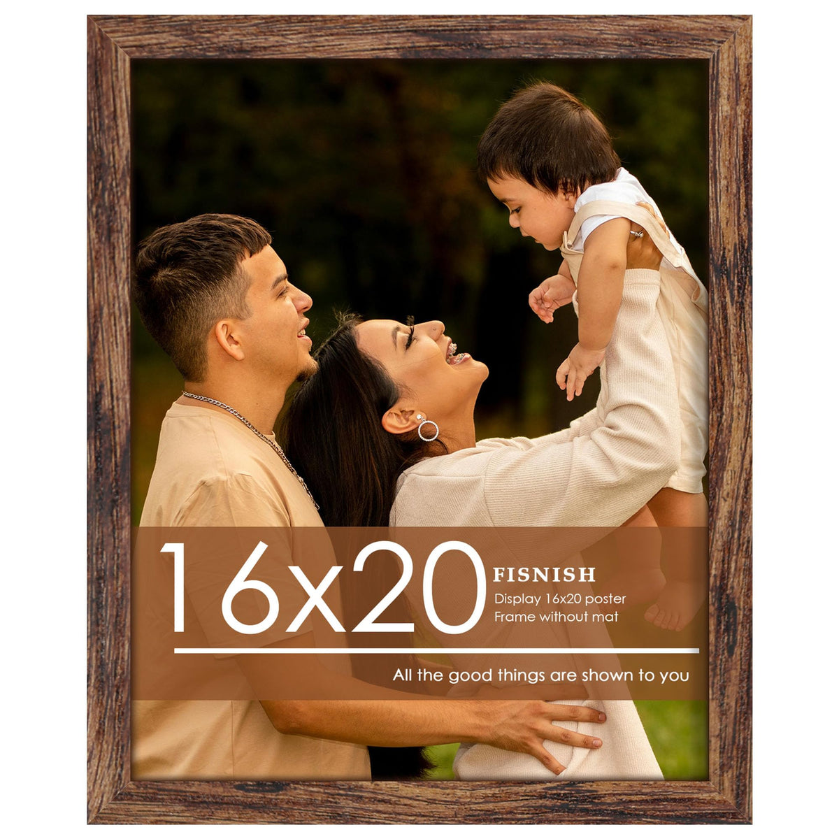 Fisnish 16x20 frame front view shows classic brown wood and edge-to-edge display