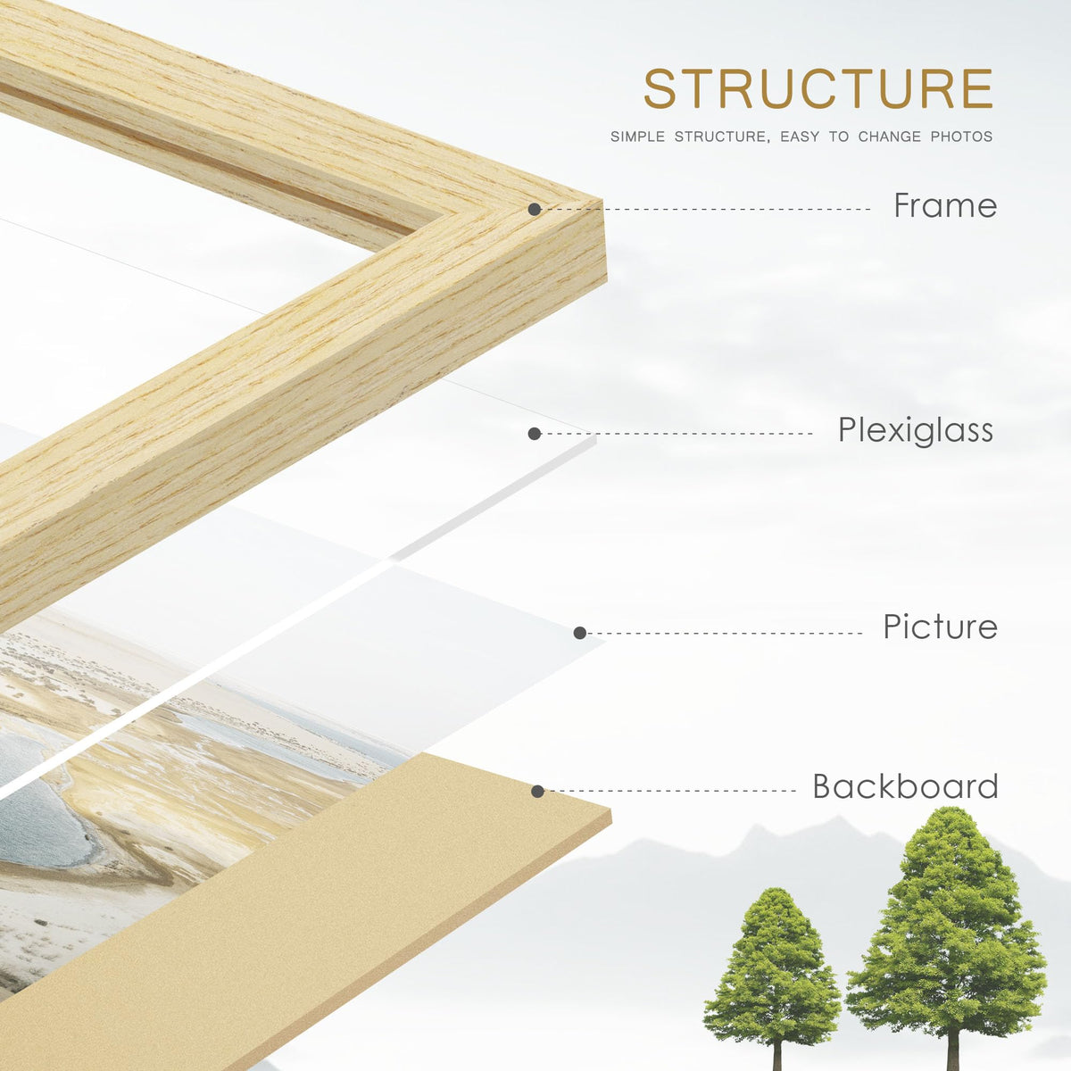 Fisnish frames support vertical or horizontal hanging for flexible layouts.