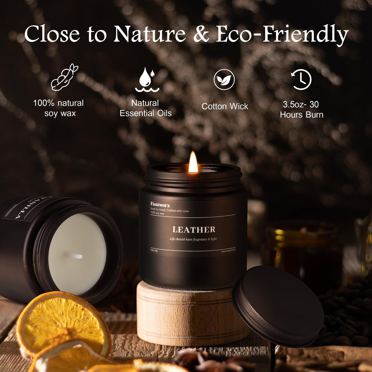 FISSIWORX leather candle in a black jar evokes refined masculine style.
