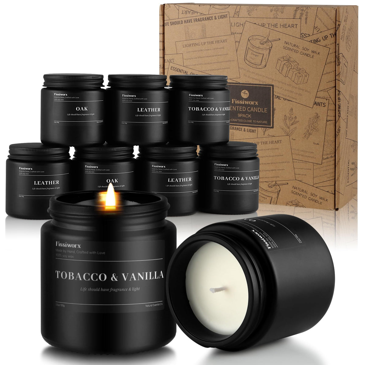 FISSIWORX vanilla candle in a black jar for a warm, inviting atmosphere.