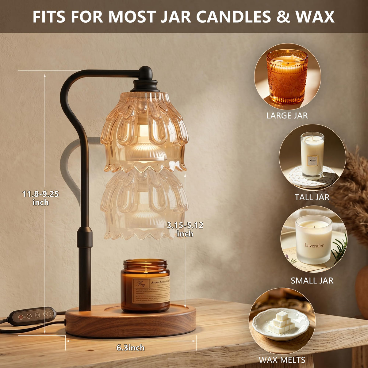 Black metal stand with floral glass shade providing warm ambient lighting by Fitrobust.