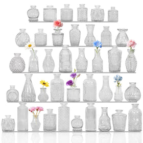 Fivenl 40-glass bud vases set offers clear, elegant centerpieces for weddings and events.
