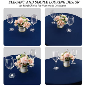 Thick opaque fabric hides table legs for a clean, professional look