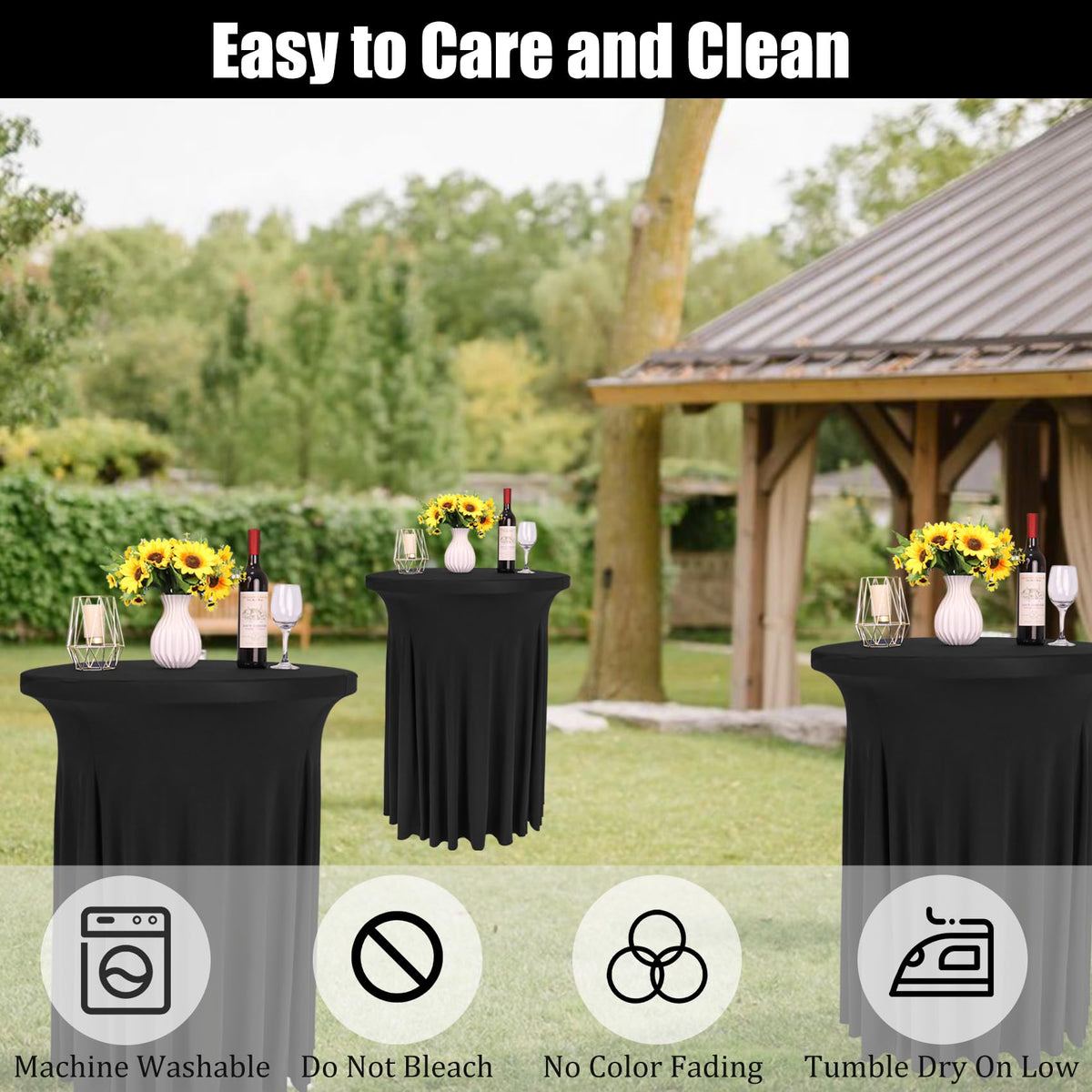 Fivenl high-top table decorated with black round table skirt for a refined look.
