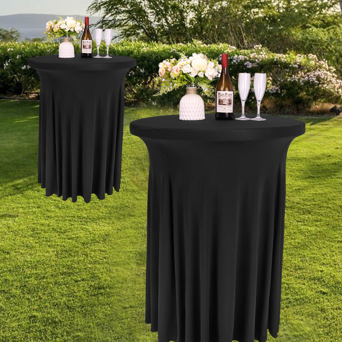 Fivenl six-piece black table skirts ready for weddings and parties.
