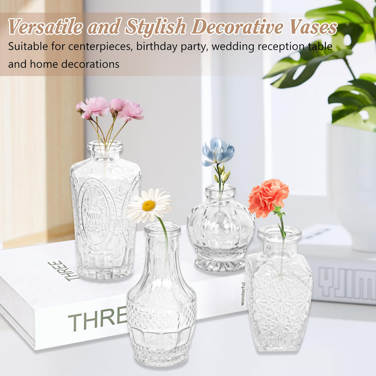 Fivenl wedding centerpieces feature clear glass that enhances light and color.