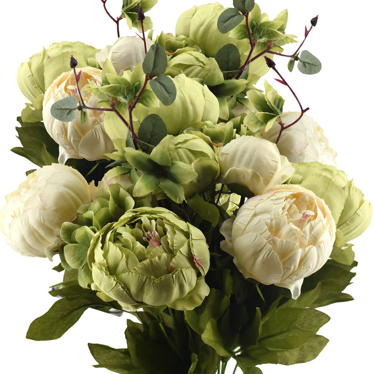 FiveSeasonStuff artificial peony bouquet in cream and moss green, perfect for elegant two-bouquet centerpieces.