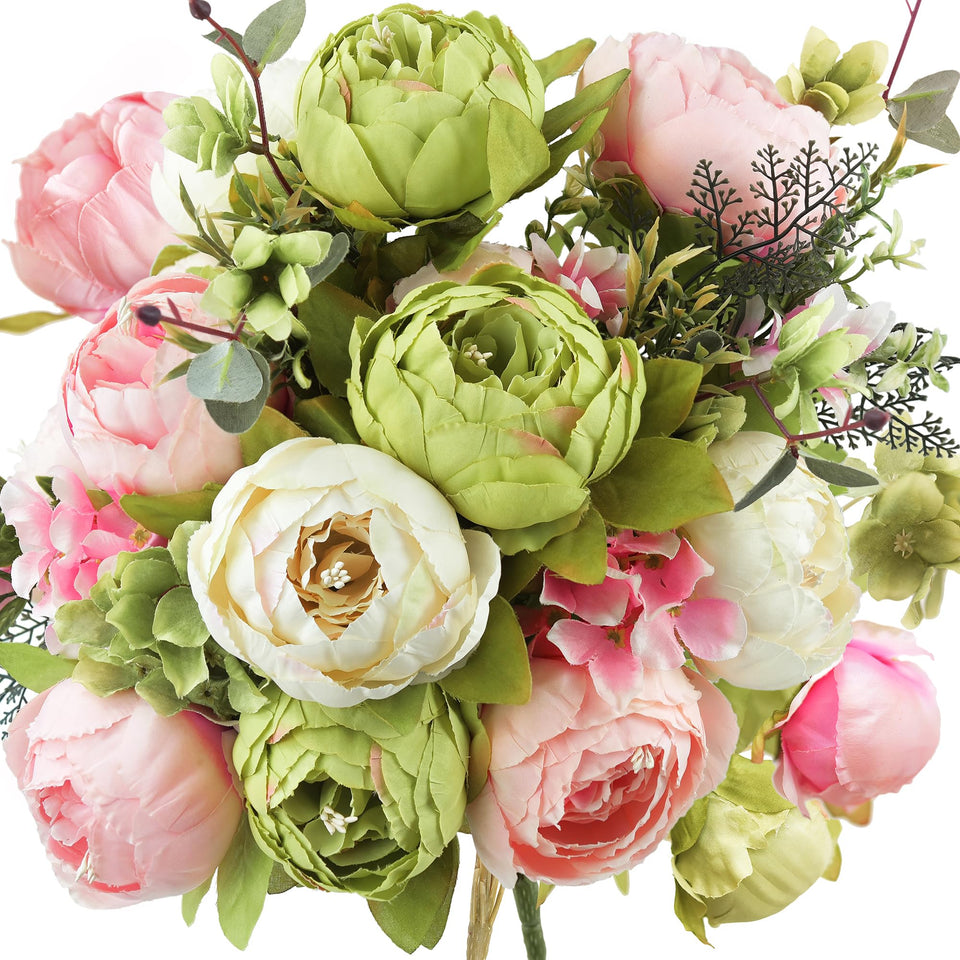 FiveSeasonStuff artificial peony bouquet close-up showing creamy white, blush pink, and green tones for living spaces
