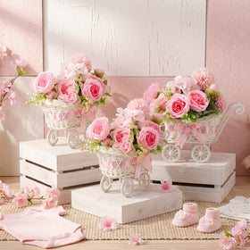 Fiwochic pink baby carriage centerpiece adds charm to baby shower tables