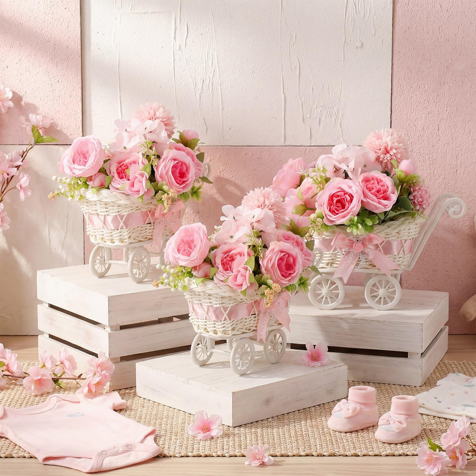 Fiwochic pink baby carriage centerpiece adds charm to baby shower tables