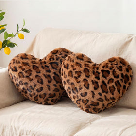 Fiwochic leopard heart pillow close-up showing soft faux rabbit fur texture for cozy decor