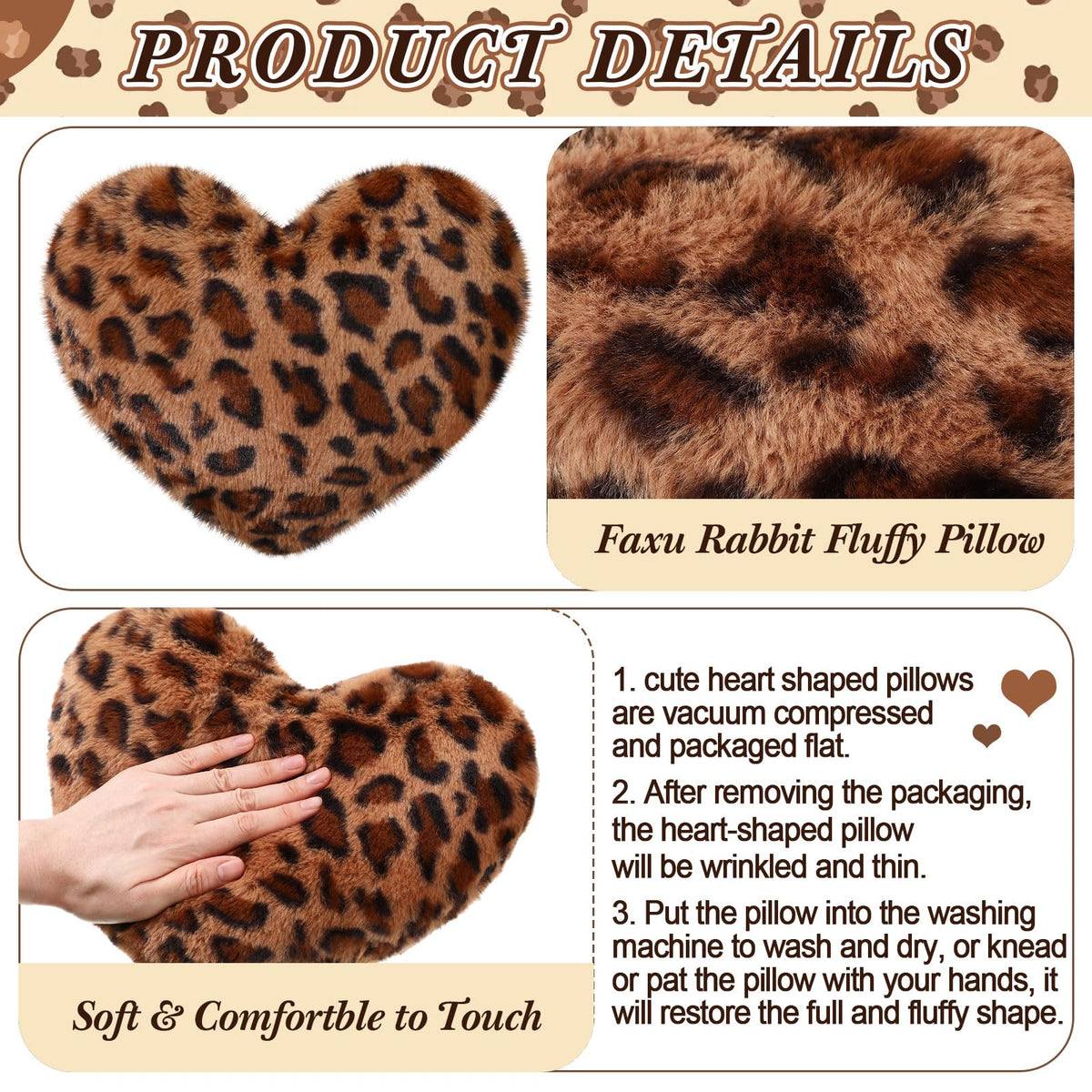 Fiwochic leopard heart pillow product detail photo emphasizing size and plush interior