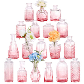 Fixwal 18pcs pink glass bud vases with etched patterns for striking table centerpieces.