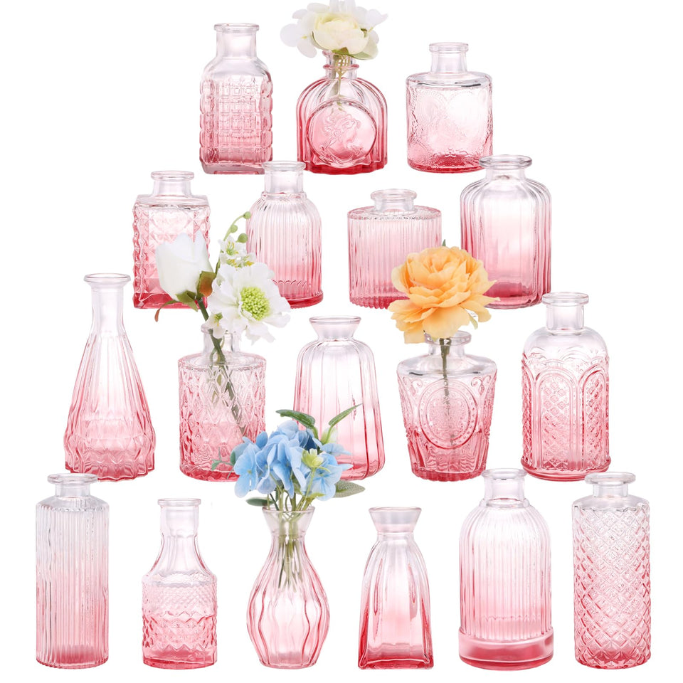 Fixwal 18pcs pink glass bud vases with etched patterns for striking table centerpieces.