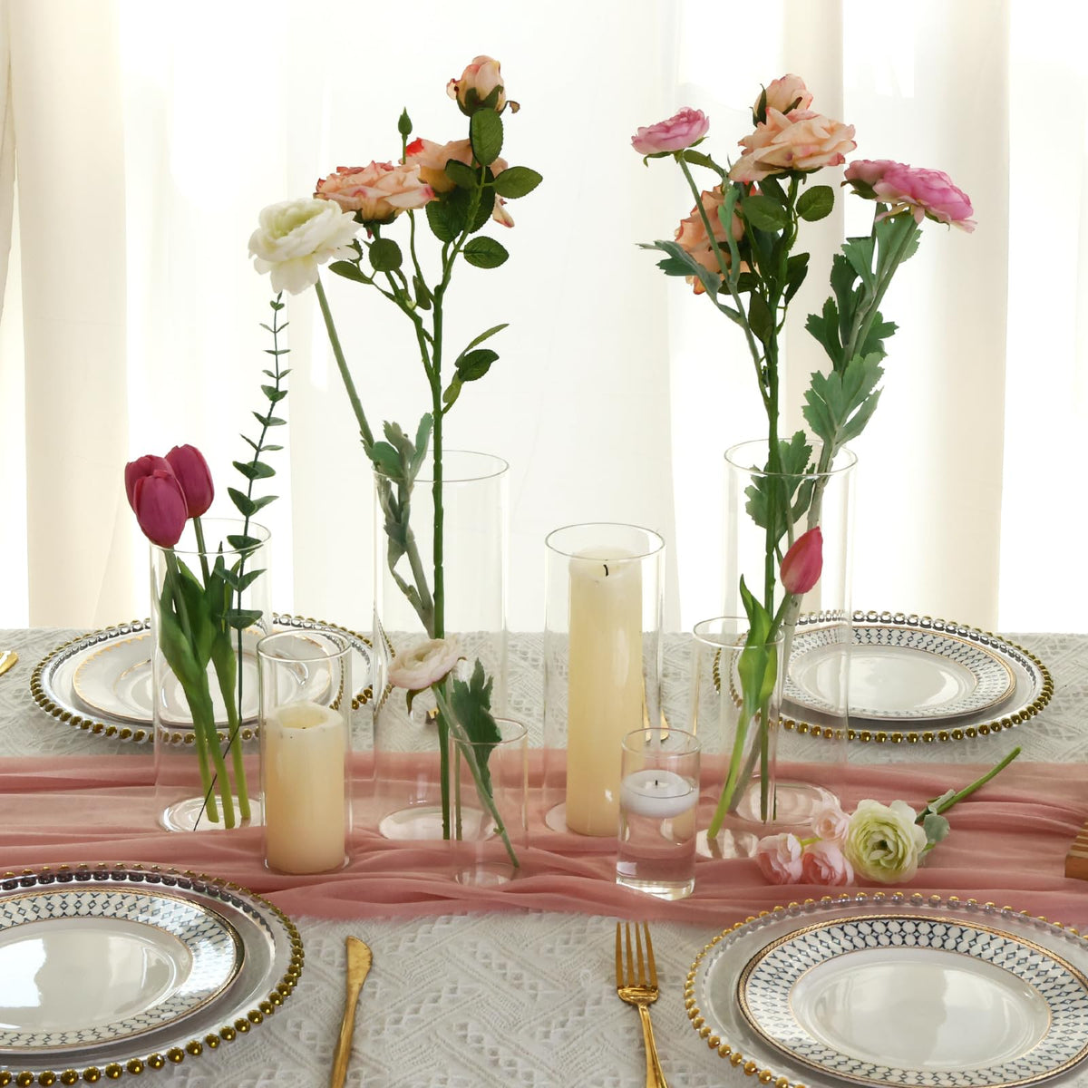 Fixwal 10-inch clear glass cylinder vase makes dramatic centerpieces for events.