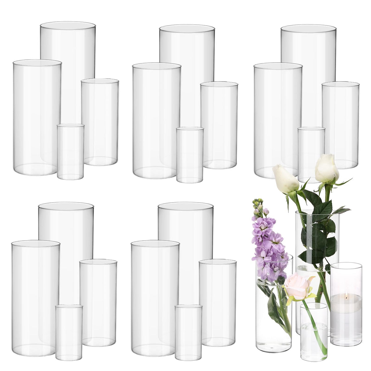 Fixwal 4-inch clear glass cylinder vase for compact centerpieces and delicate arrangements.