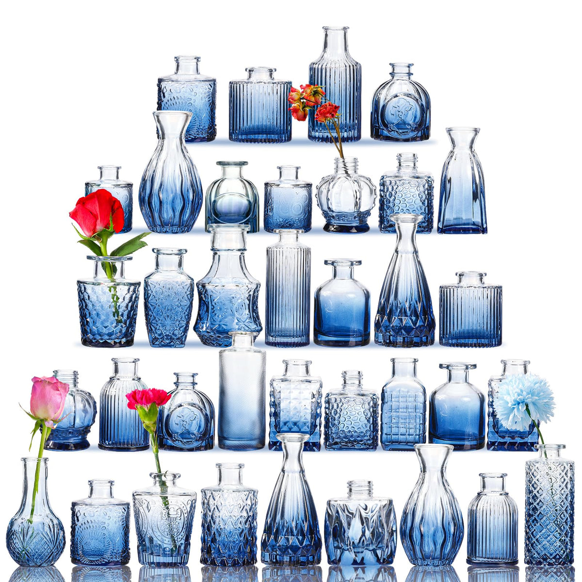 Fixwal 36 Blue Bud Vases with embossed texture add vintage charm to centerpieces
