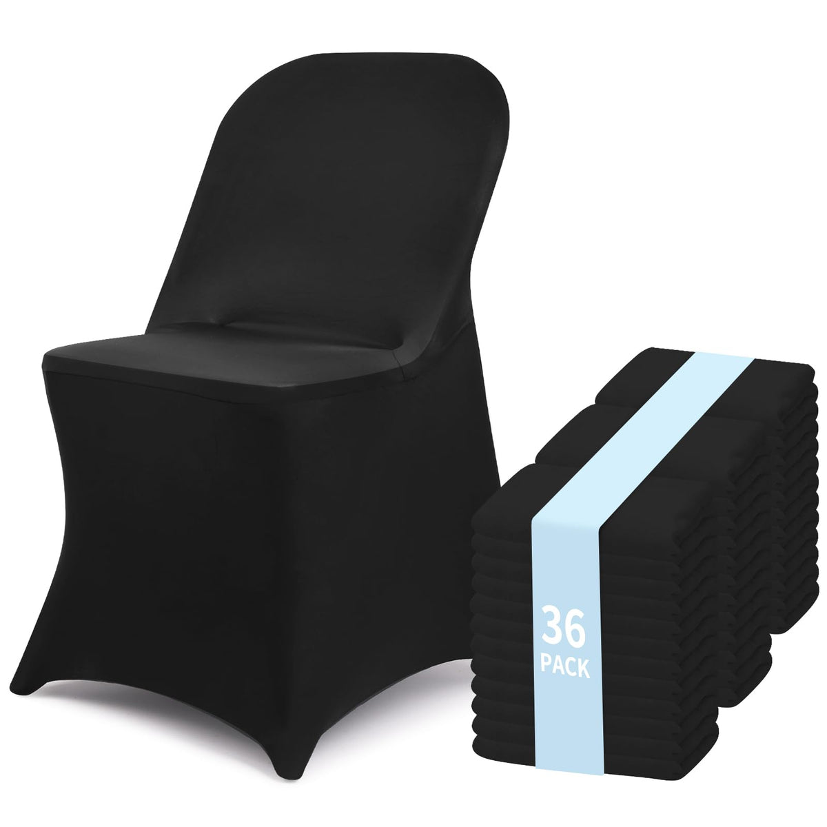 Fixwal 36-pcs black folding chair cover on chair, ideal for weddings and events.