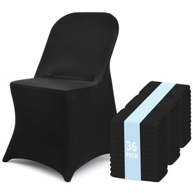 Fixwal 36-pcs black folding chair cover on chair, ideal for weddings and events.