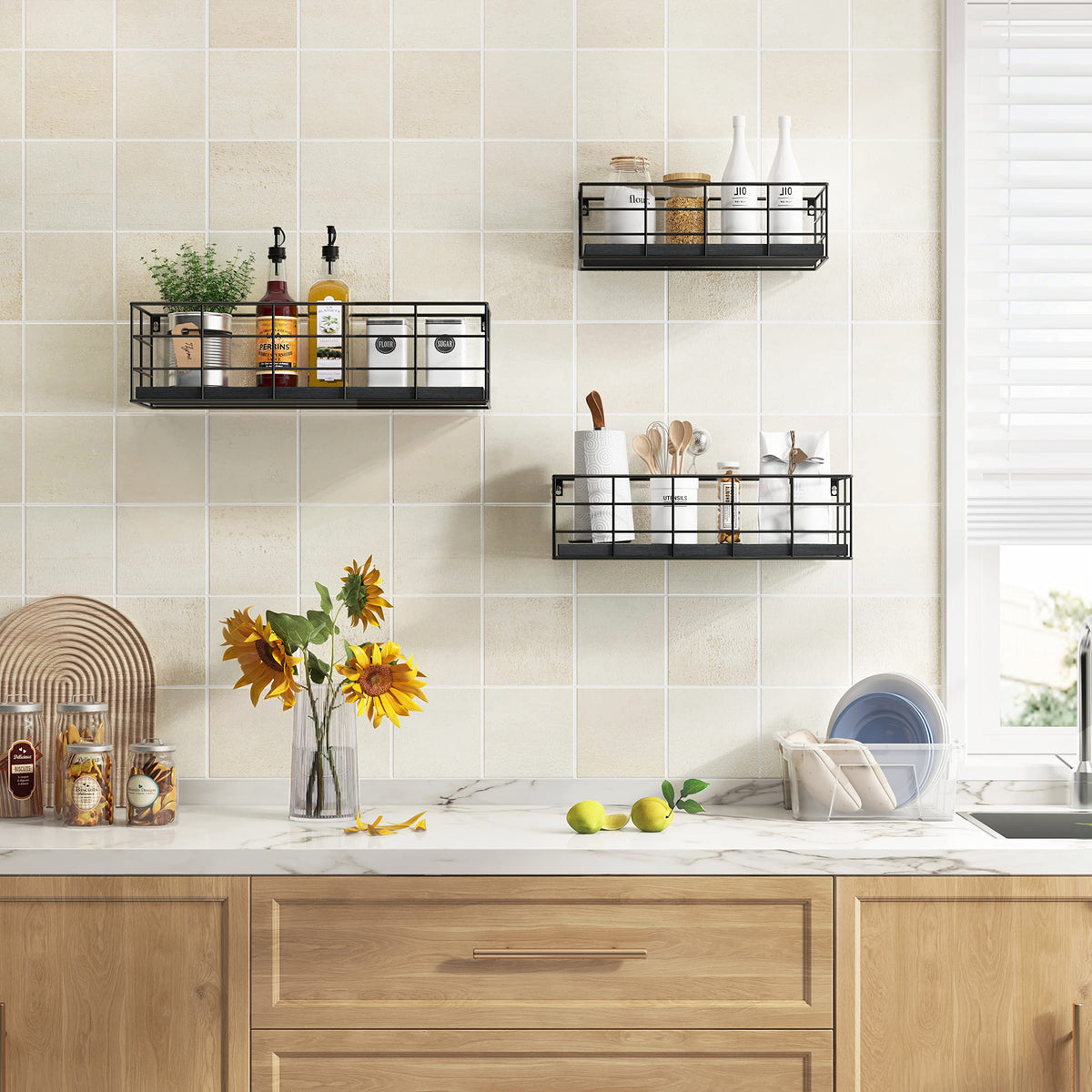 Fixwal 4-set floating shelves bathroom storage keeps toiletries and towels organized.