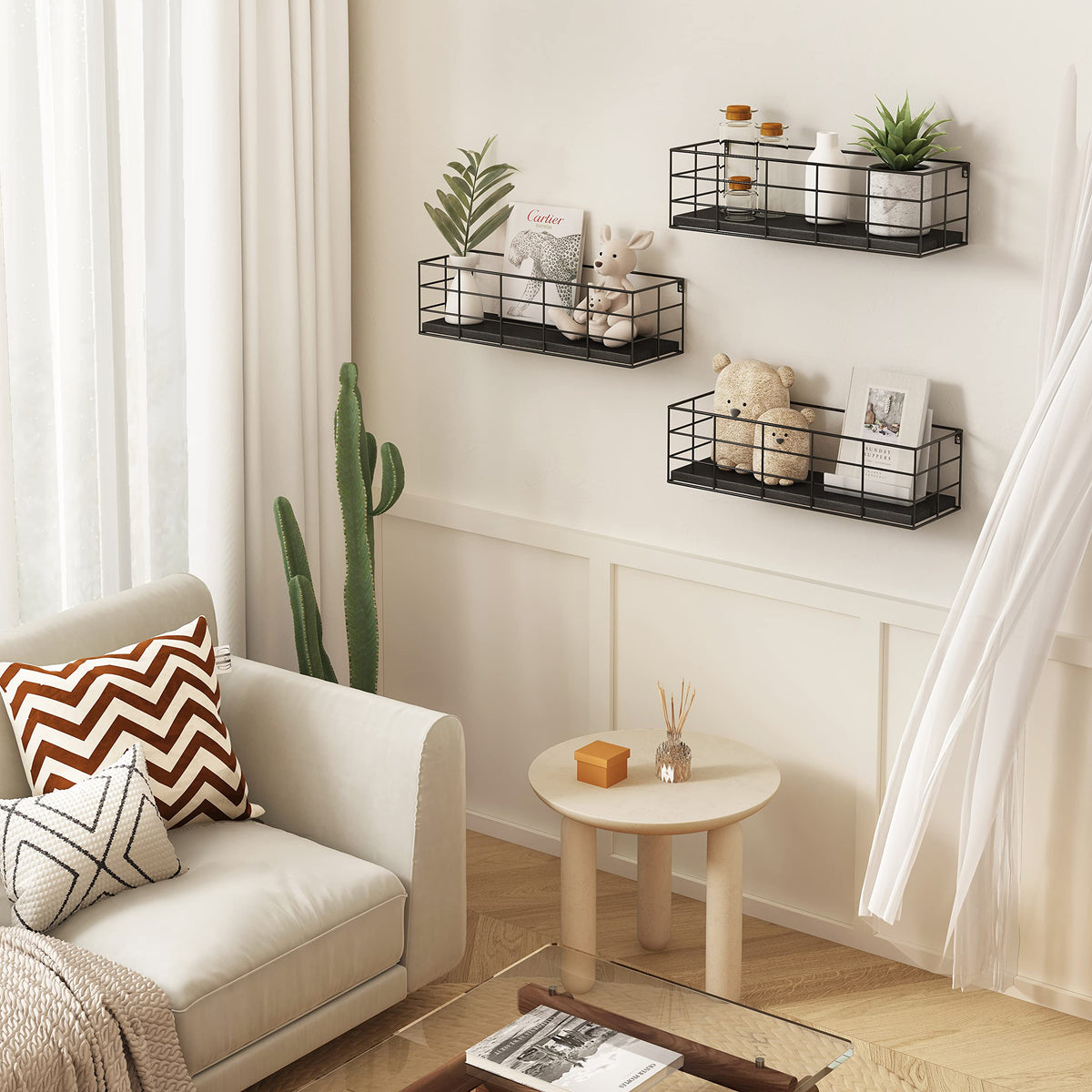 Fixwal 4-set floating shelves bedroom organization for photos and keepsakes.