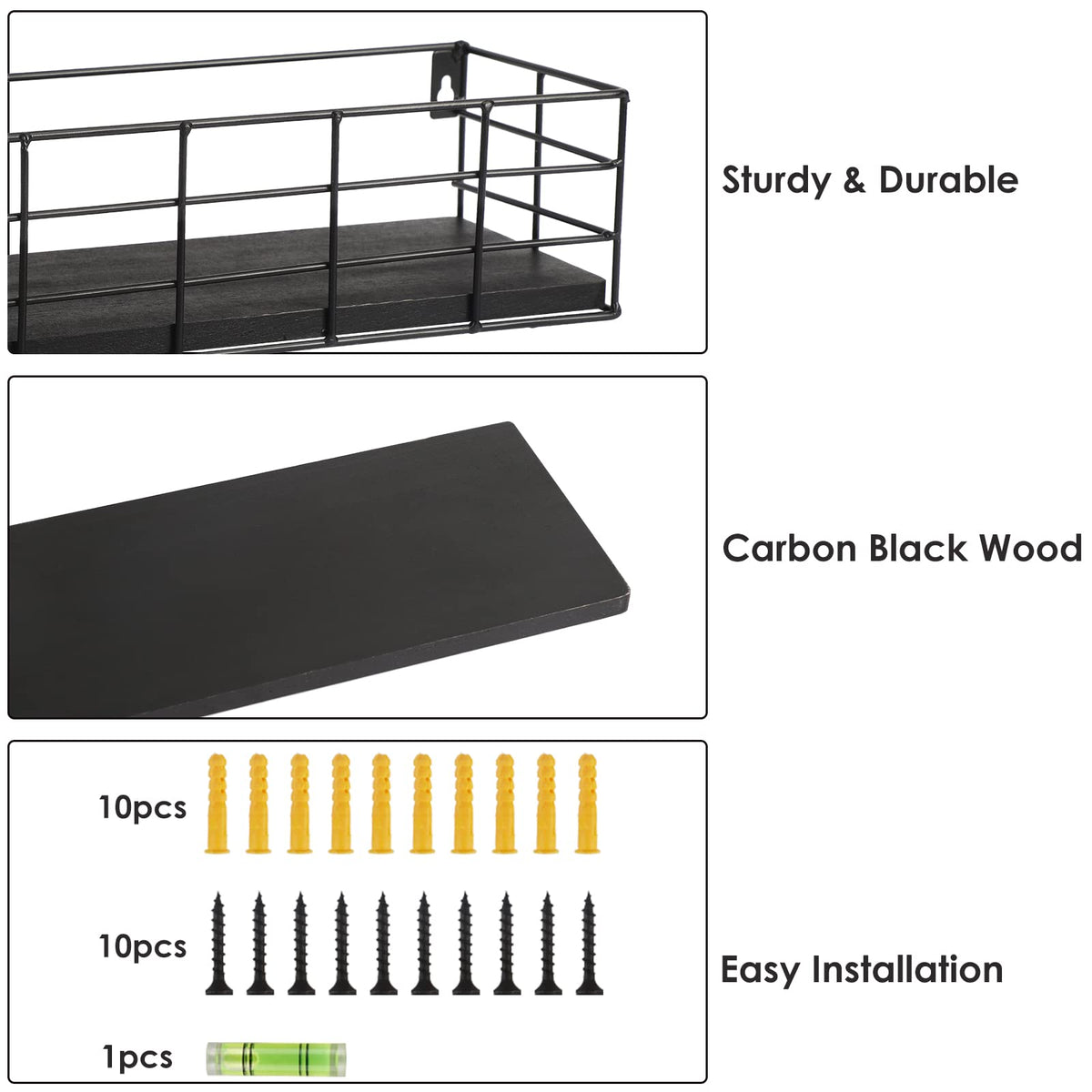 Fixwal 4-set floating shelves wire-frame fence protects items from falling.