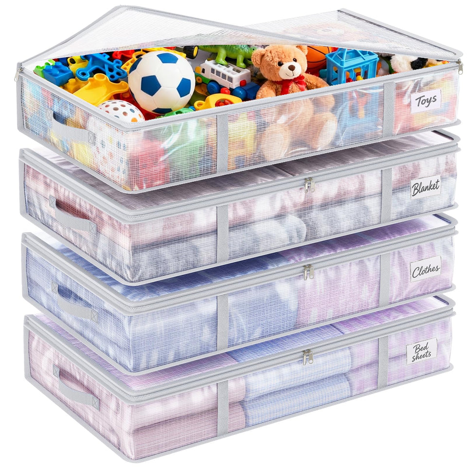 Fixwal 4pc 90L under-bed storage bins with clear design for quick contents visibility