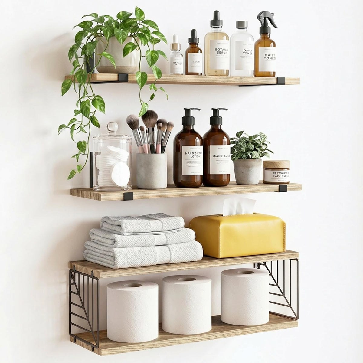 Fixwal bathroom floating shelves over toilet show compact storage and rustic charm.