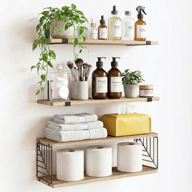 Fixwal bathroom floating shelves over toilet show compact storage and rustic charm.