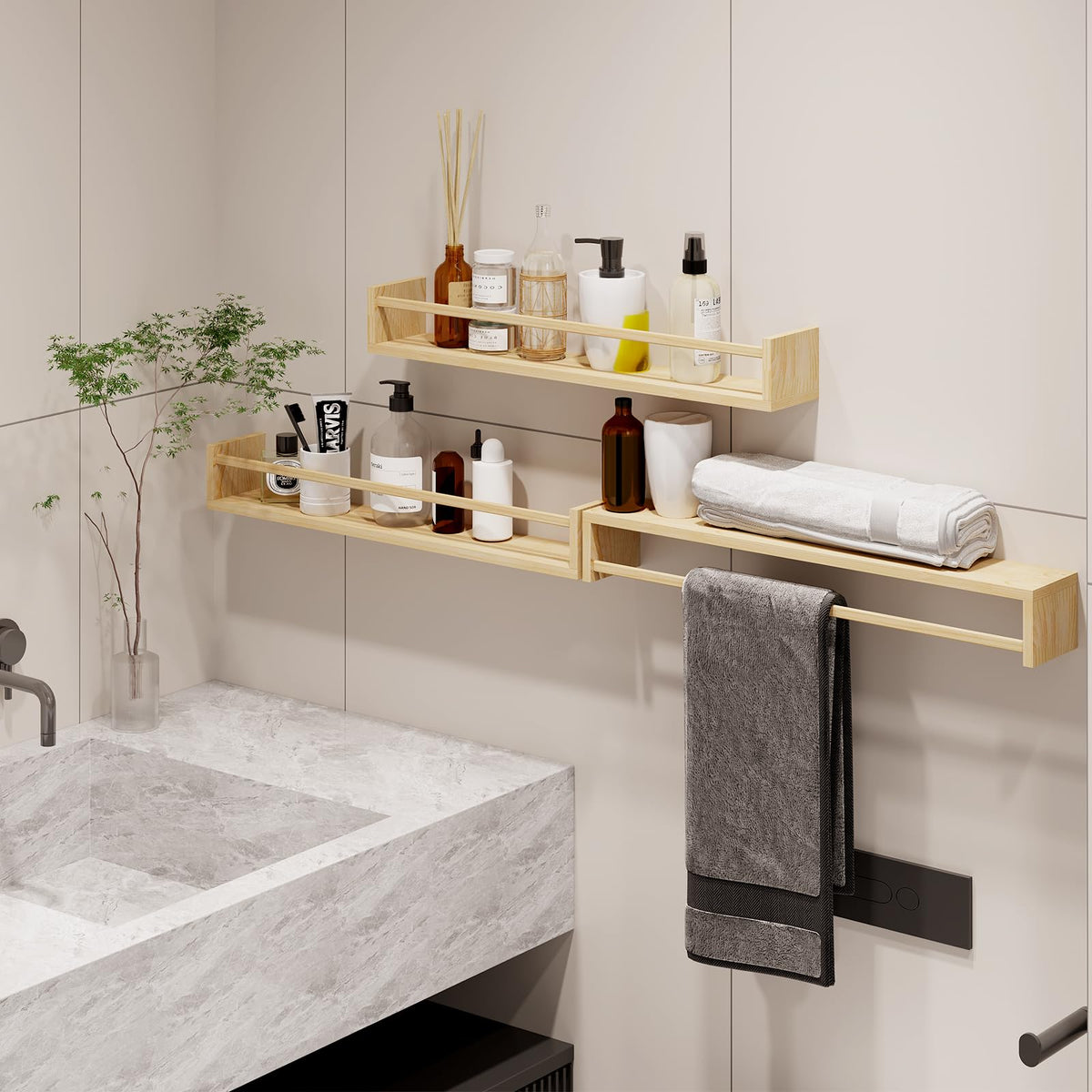 Fixwal natural wood shelves fit bathroom or kitchen for small items.