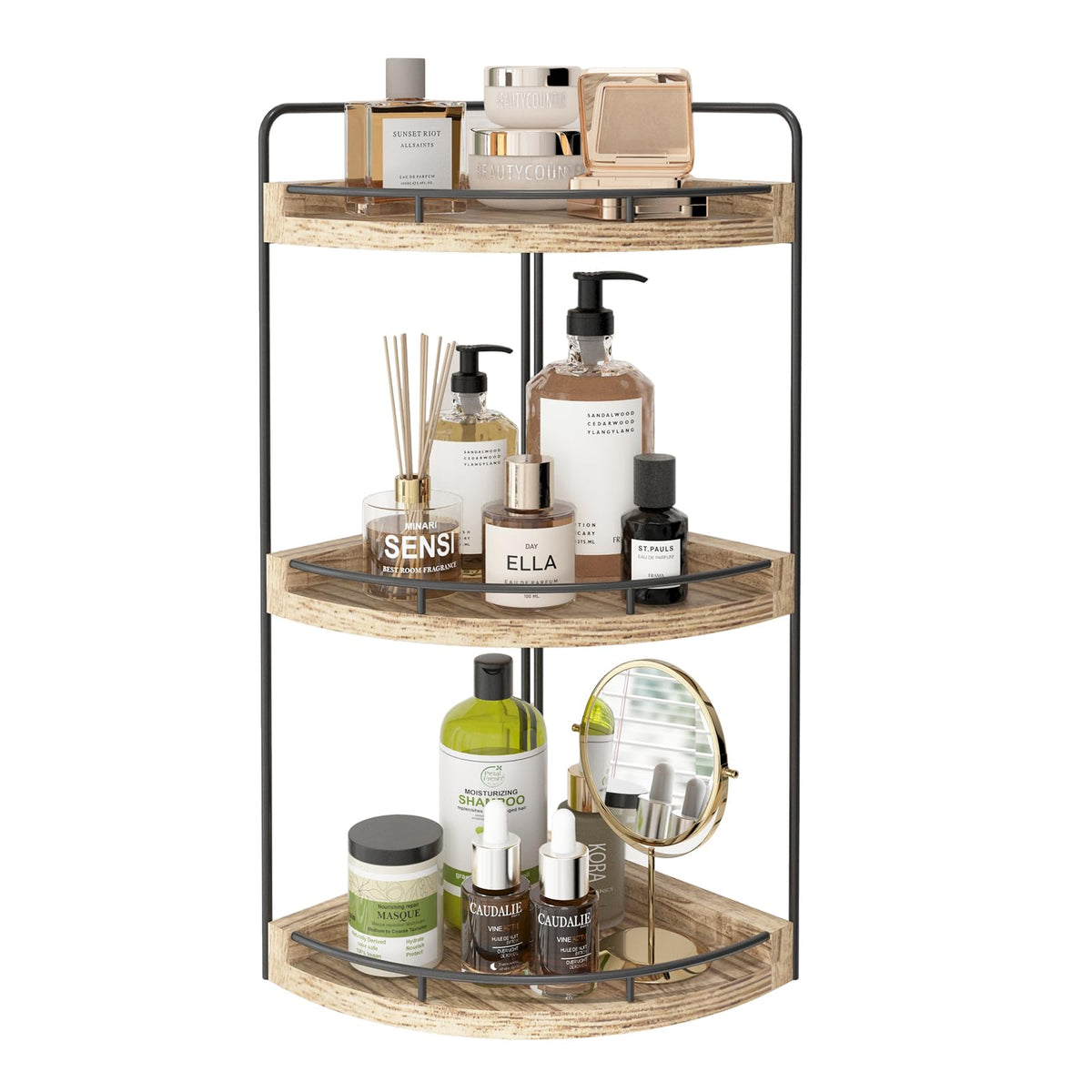 Fixwal 3-tier rustic corner shelf keeps bathroom essentials neatly organized.